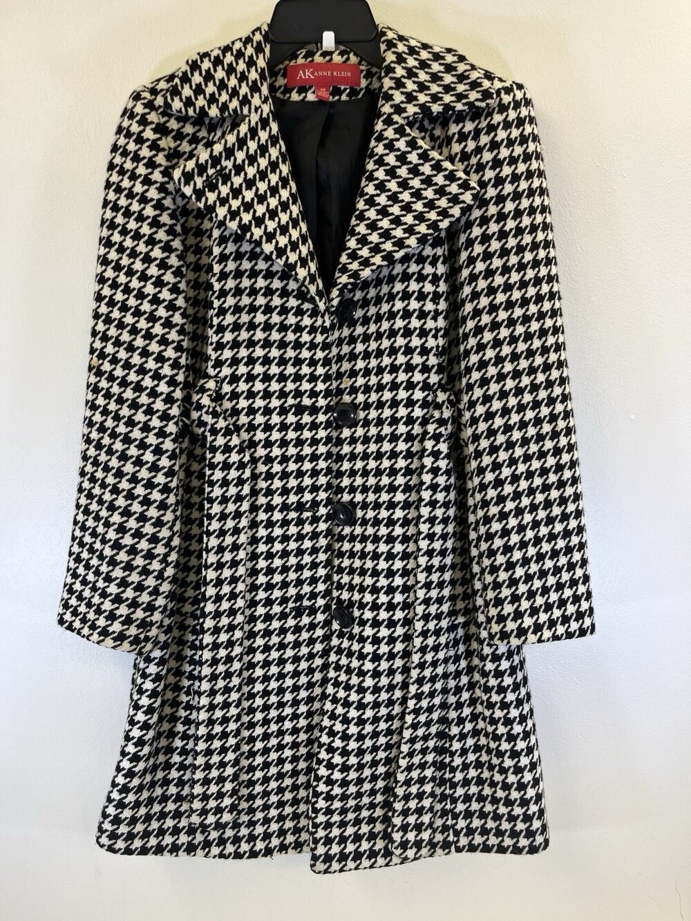 Vintage Anne Klein Houndstooth Wool Coat Size XS USA Tailored 90s